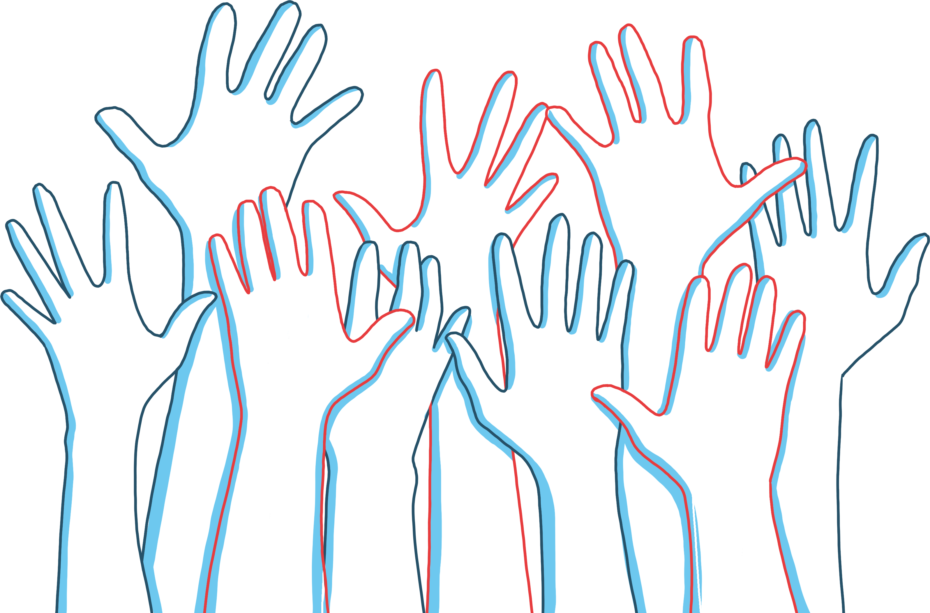 An image of hands raised in the air outlined in blue and red